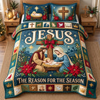 Nativity Cross Reason For The Season quilted 3-piece bedding set on a made bed in a winter-styled bedroom