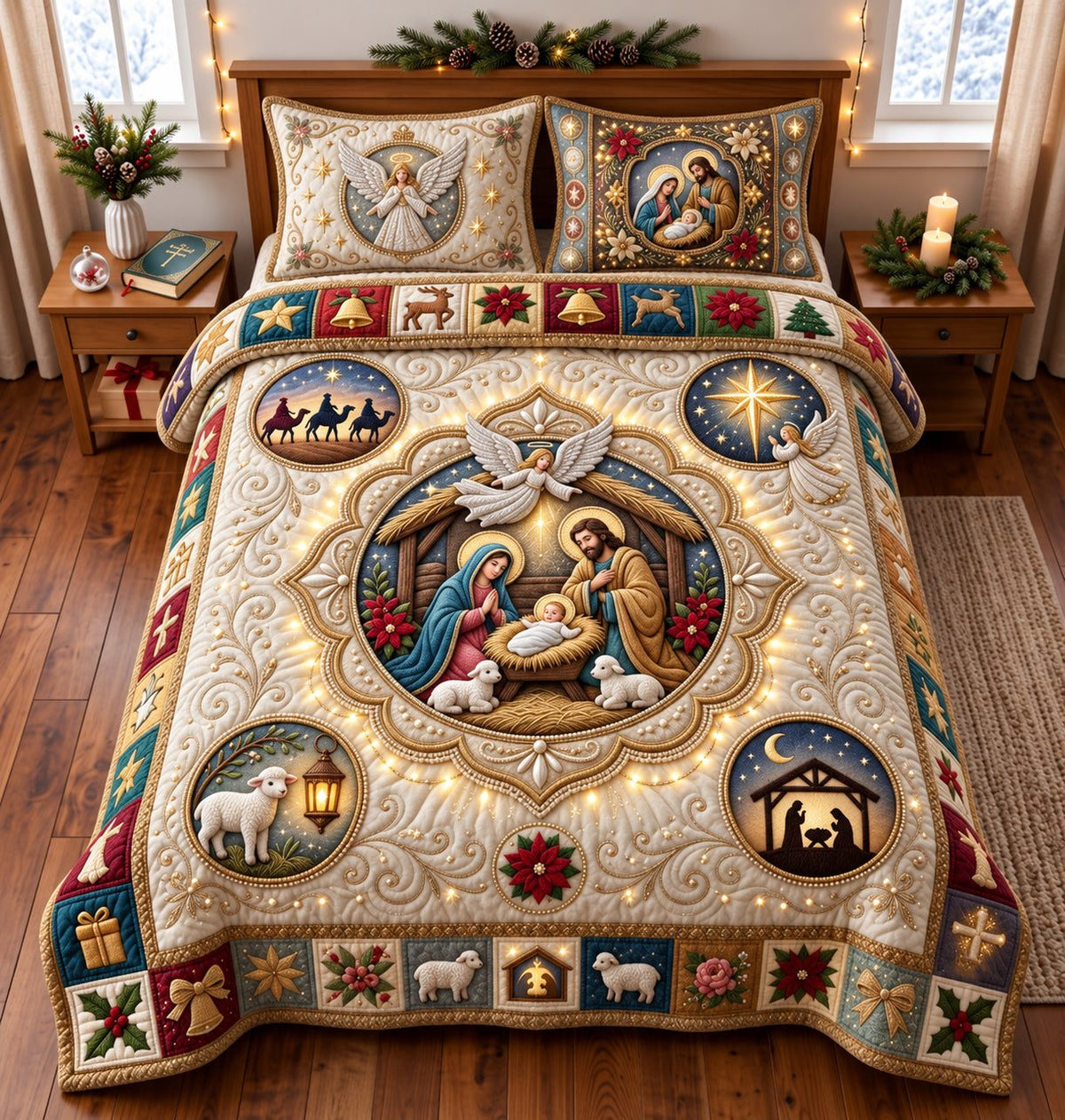 Nativity Faith quilted 3-piece bedding set on a made bed in a winter-styled bedroom