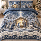 Nativity Glow quilted 3-piece bedding set on a made bed in a winter-styled bedroom
