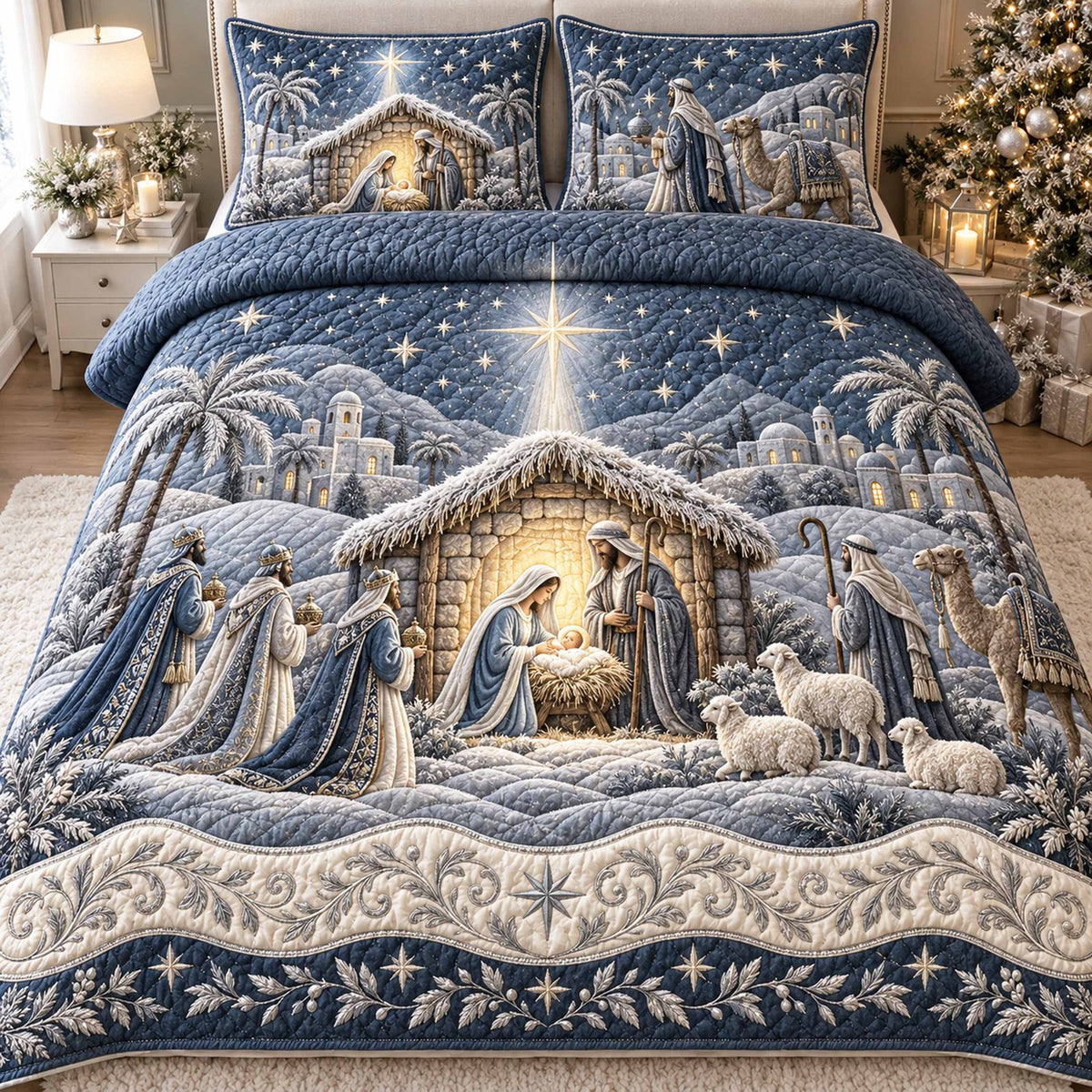 Nativity Glow quilted 3-piece bedding set on a made bed in a winter-styled bedroom
