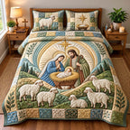 Nativity Of Shepherd quilted 3-piece bedding set on a made bed in a winter-styled bedroom