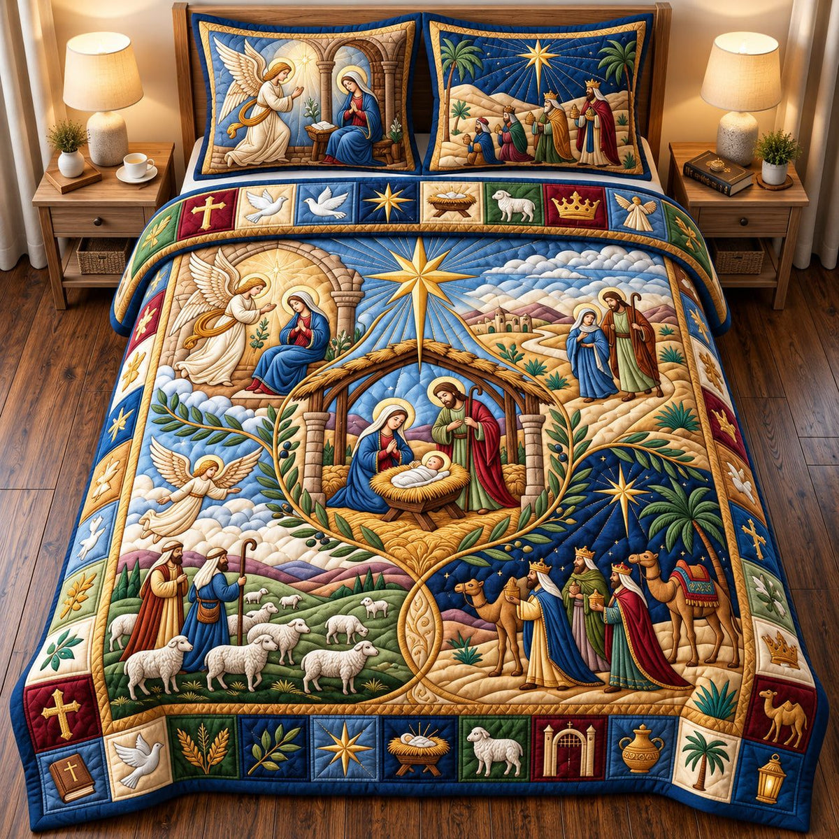 Nativity Story quilted 3-piece bedding set on a made bed in a winter-styled bedroom