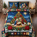 Nativity Tree quilted 3-piece bedding set on a made bed in a winter-styled bedroom