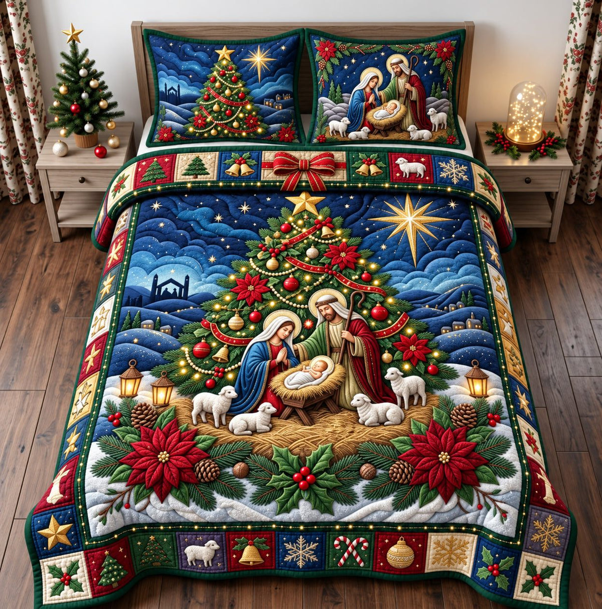 Nativity Tree quilted 3-piece bedding set on a made bed in a winter-styled bedroom