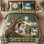 Nativity Under Olive Tree quilted 3-piece bedding set on a made bed in a winter-styled bedroom