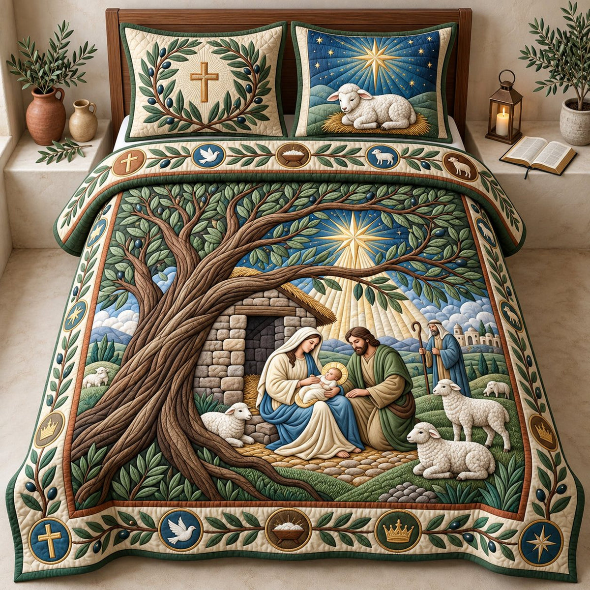 Nativity Under Olive Tree quilted 3-piece bedding set on a made bed in a winter-styled bedroom