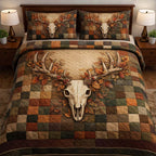 Nature Antlers Patch quilted 3-piece bedding set on a made bed with two matching pillow shams