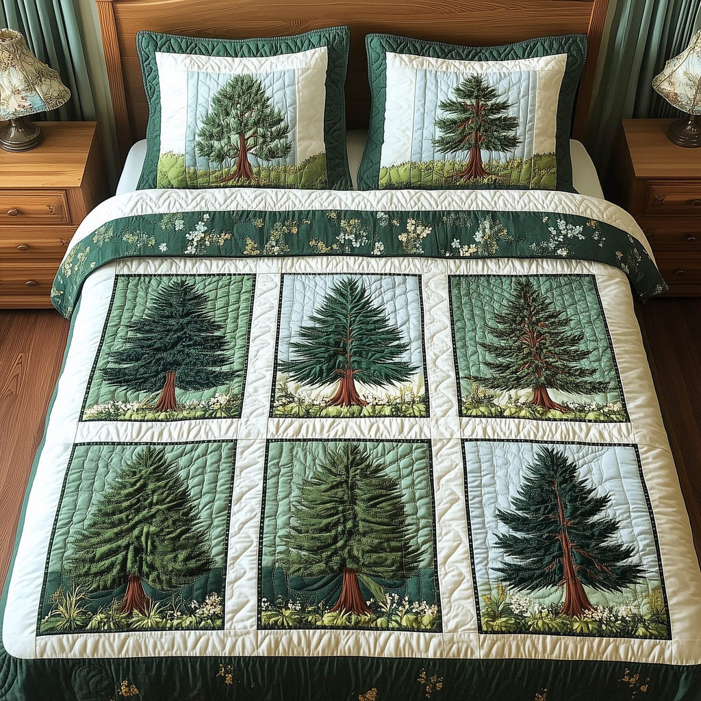 Nature Charm Trees quilted 3-piece bedding set on a made bed with two matching pillow shams
