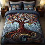 Nature Harmony Tree Swirl quilted 3-piece bedding set on a made bed with two matching pillow shams