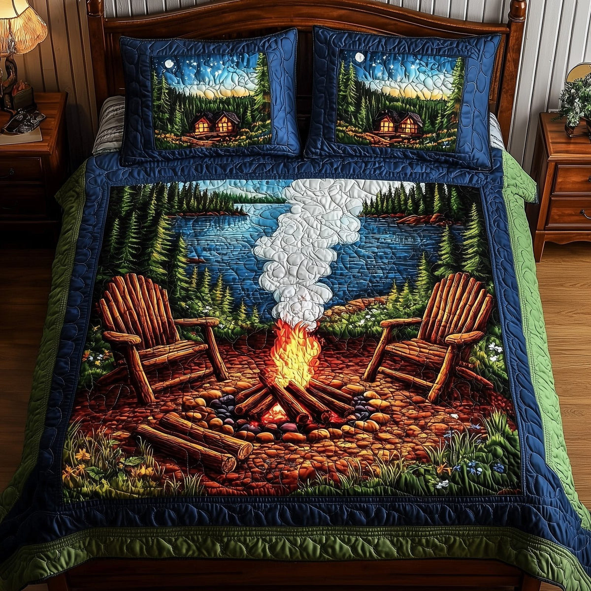 Nature Retreat Night quilted 3-piece bedding set on a made bed with two matching pillow shams