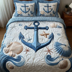 Nautical Anchor Cream quilted 3-piece bedding set on a made bed in a light coastal bedroom