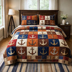 Nautical Anchor Patch quilted 3-piece bedding set on a made bed in a light coastal bedroom