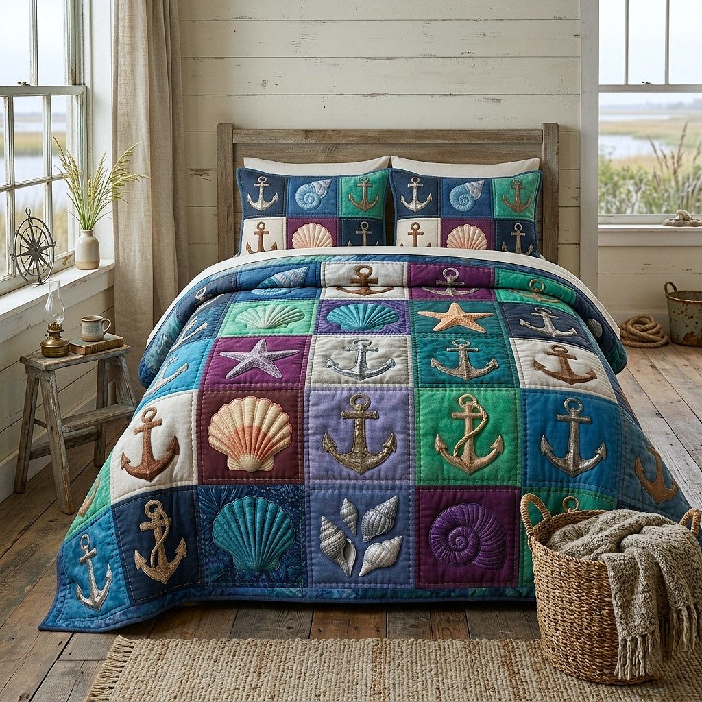 Nautical Anchor Rainbow quilted 3-piece bedding set on a made bed in a light coastal bedroom