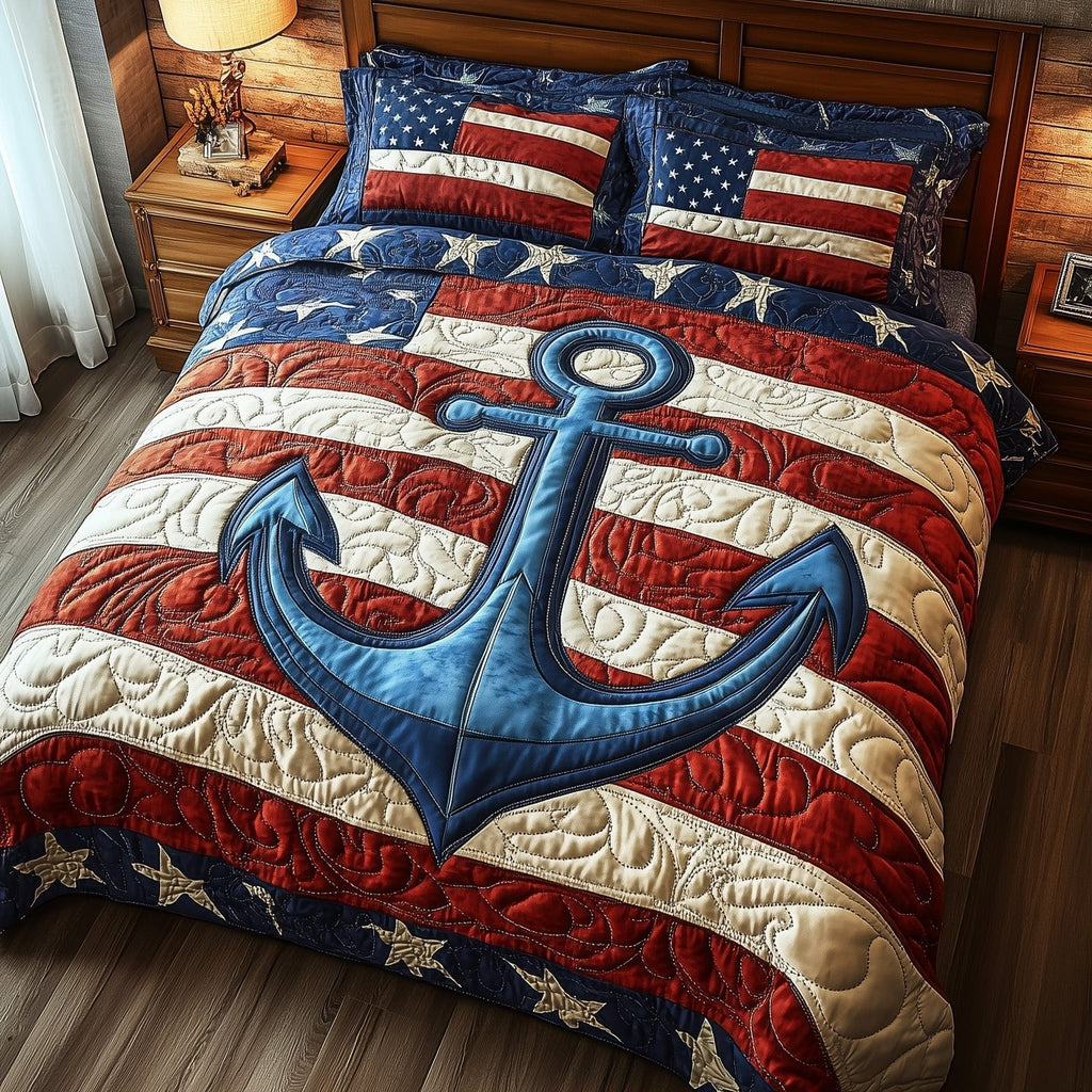 Nautical Anchor Red Stripes quilted 3-piece bedding set on a made bed in a light coastal bedroom