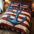 Nautical Anchor Red Stripes quilted 3-piece bedding set on a made bed in a light coastal bedroom