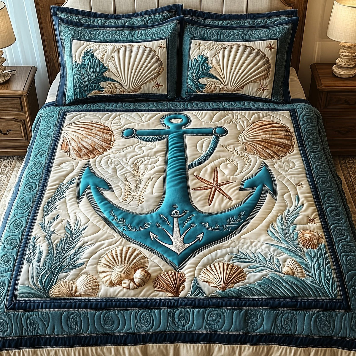 Nautical Anchor Teal quilted 3-piece bedding set on a made bed in a light coastal bedroom