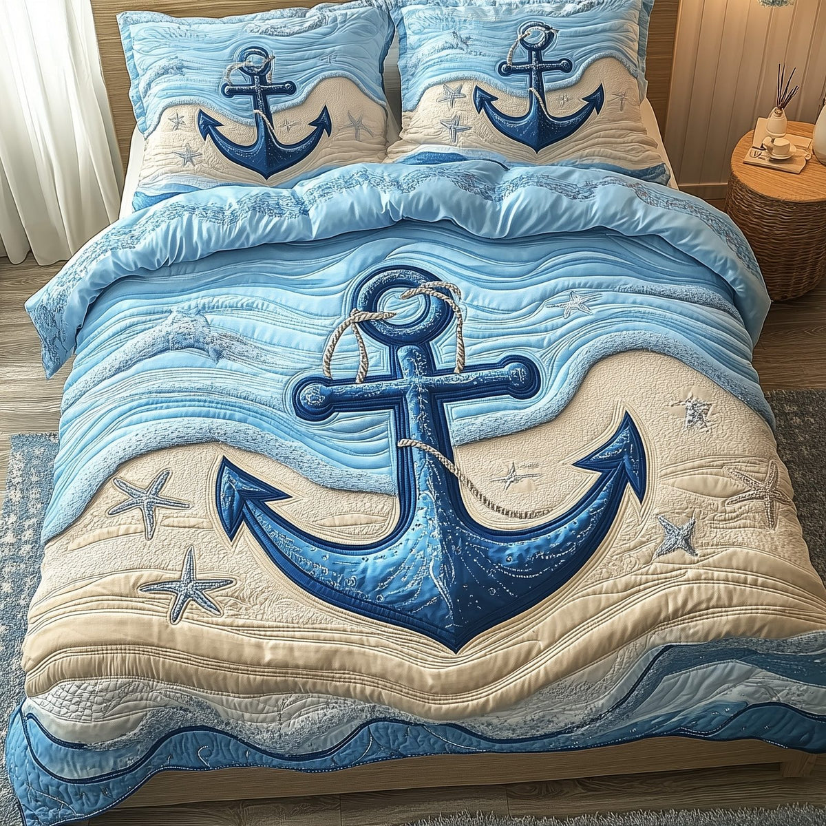 Nautical Anchor Wave Blue quilted 3-piece bedding set on a made bed in a light coastal bedroom