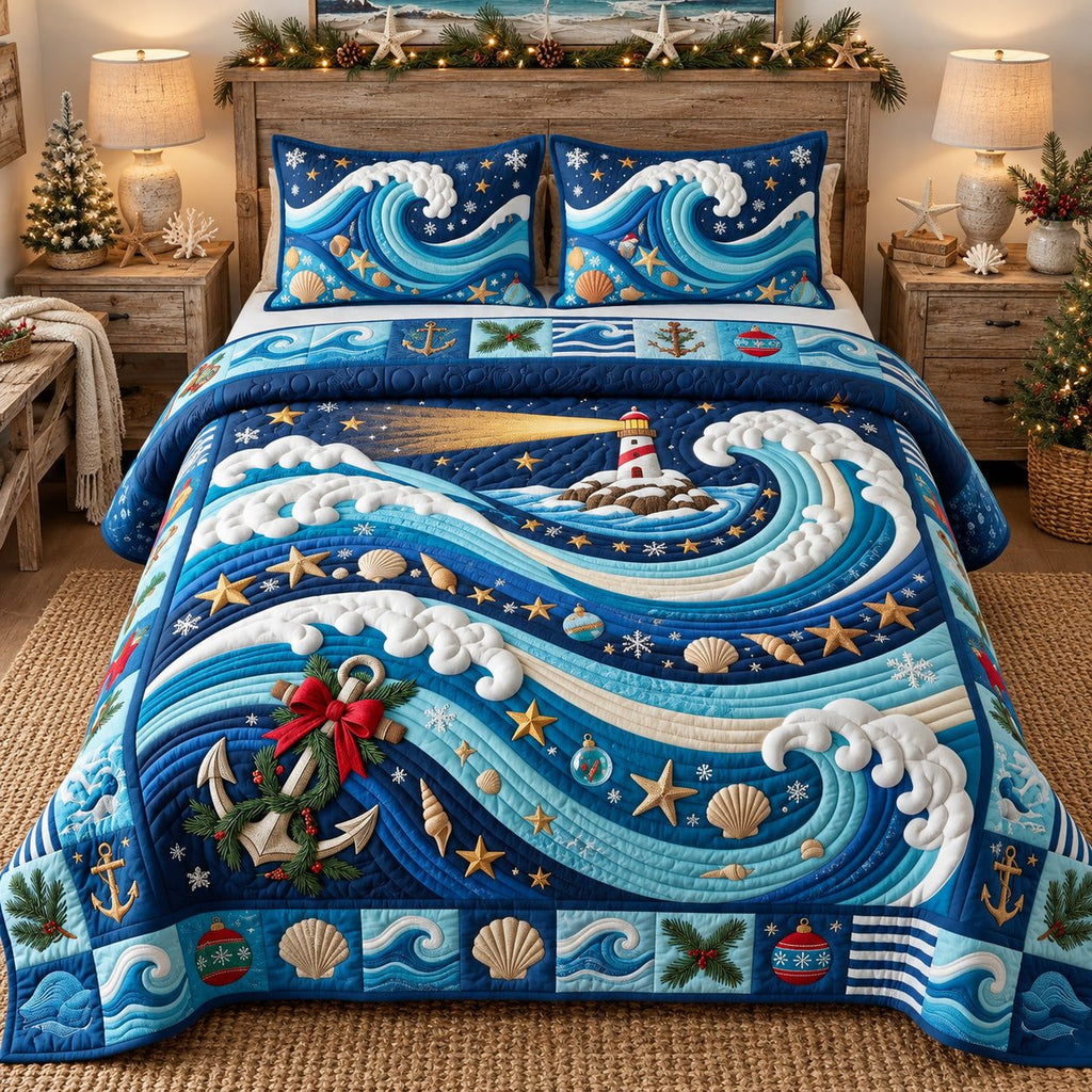 Nautical Christmas Waves quilted 3-piece bedding set on a made bed in a winter-styled bedroom