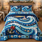 Nautical Christmas Waves quilted 3-piece bedding set on a made bed in a winter-styled bedroom