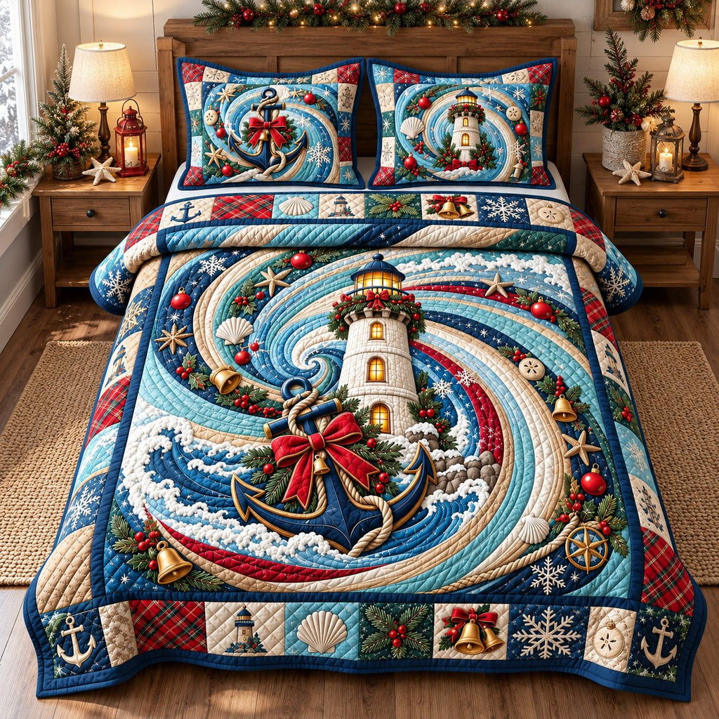 Nautical Holiday Beacon quilted 3-piece bedding set on a made bed in a winter-styled bedroom