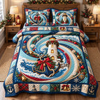 Nautical Holiday Beacon quilted 3-piece bedding set on a made bed in a winter-styled bedroom