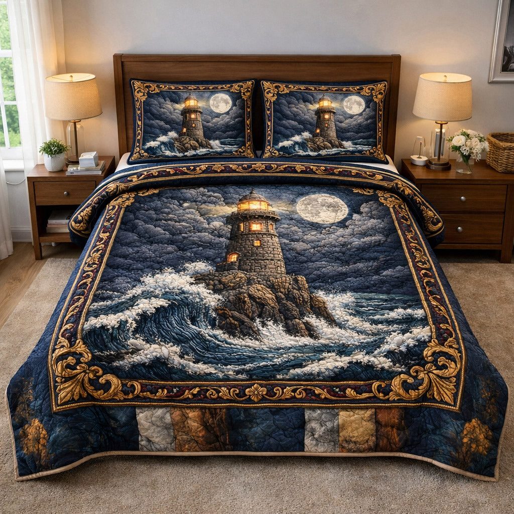 Nautical Lighthouse Night quilted 3-piece bedding set on a made bed in a light coastal bedroom