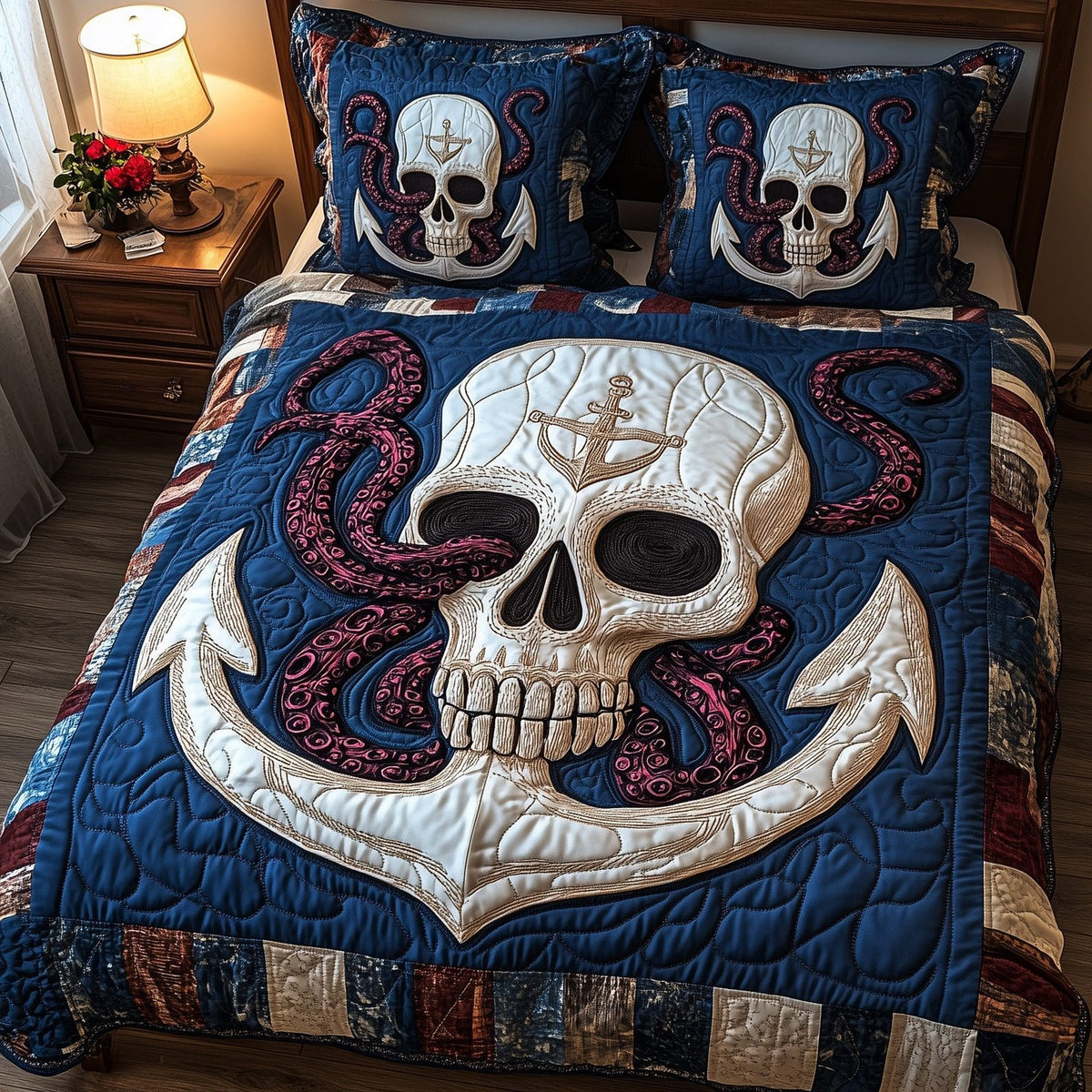 Nautical Nightmare Skull quilted 3-piece bedding set on a made bed against a dark styled interior