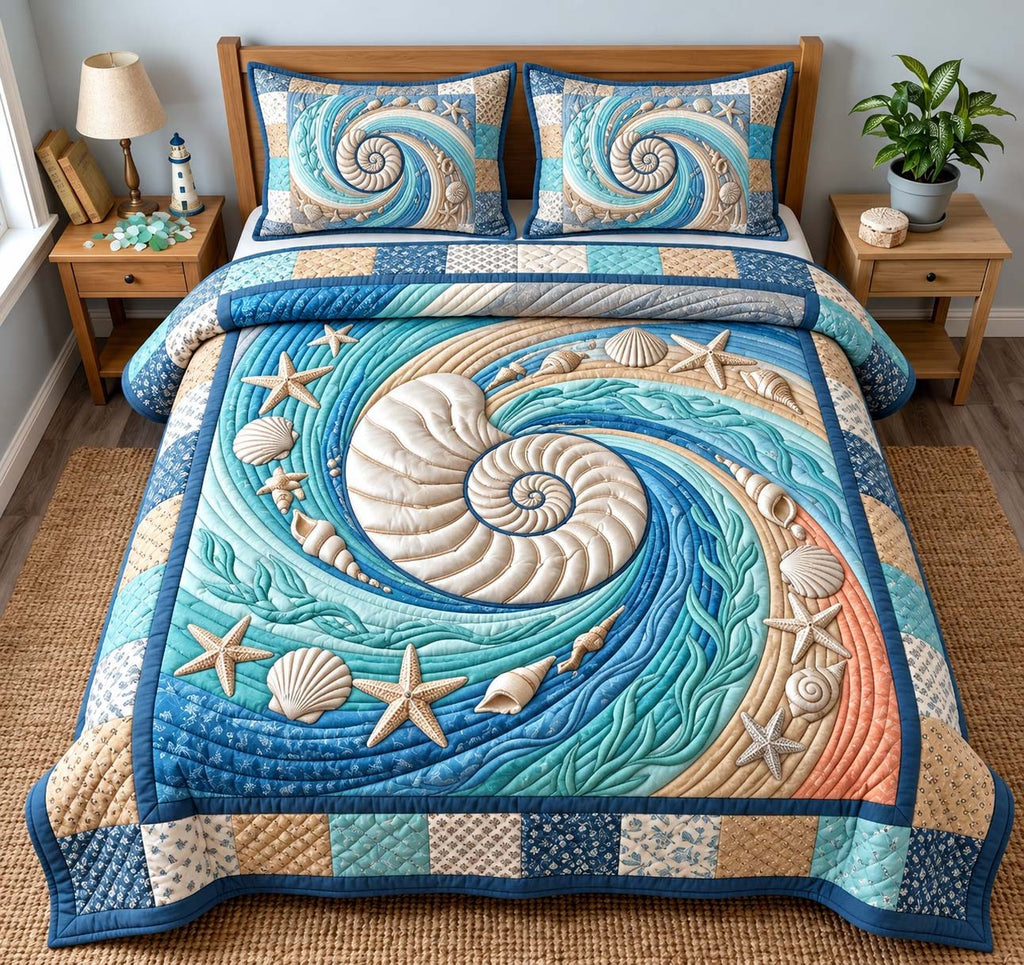 Nautilus Ocean Swirl quilted 3-piece bedding set on a made bed in a light coastal bedroom