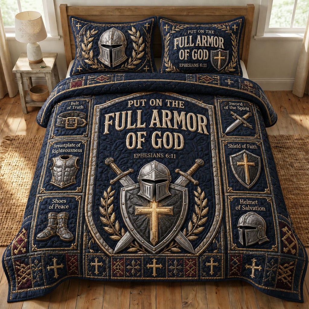 Navy Armor Faith quilted 3-piece bedding set on a made bed in a warmly lit bedroom