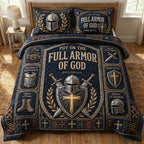 Navy Armor Faith quilted 3-piece bedding set on a made bed in a warmly lit bedroom