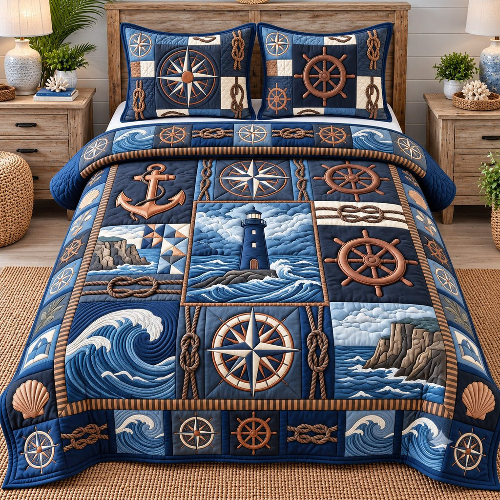 Navy Compass Coastal Patchwork quilted 3-piece bedding set on a made bed in a warmly lit bedroom