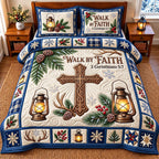 Navy Lantern Walk By Faith quilted 3-piece bedding set on a made bed in a warmly lit bedroom