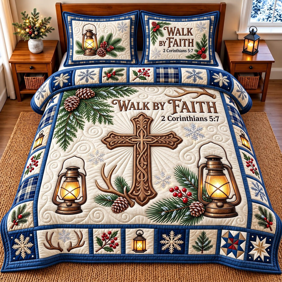 Navy Lantern Walk By Faith quilted 3-piece bedding set on a made bed in a warmly lit bedroom