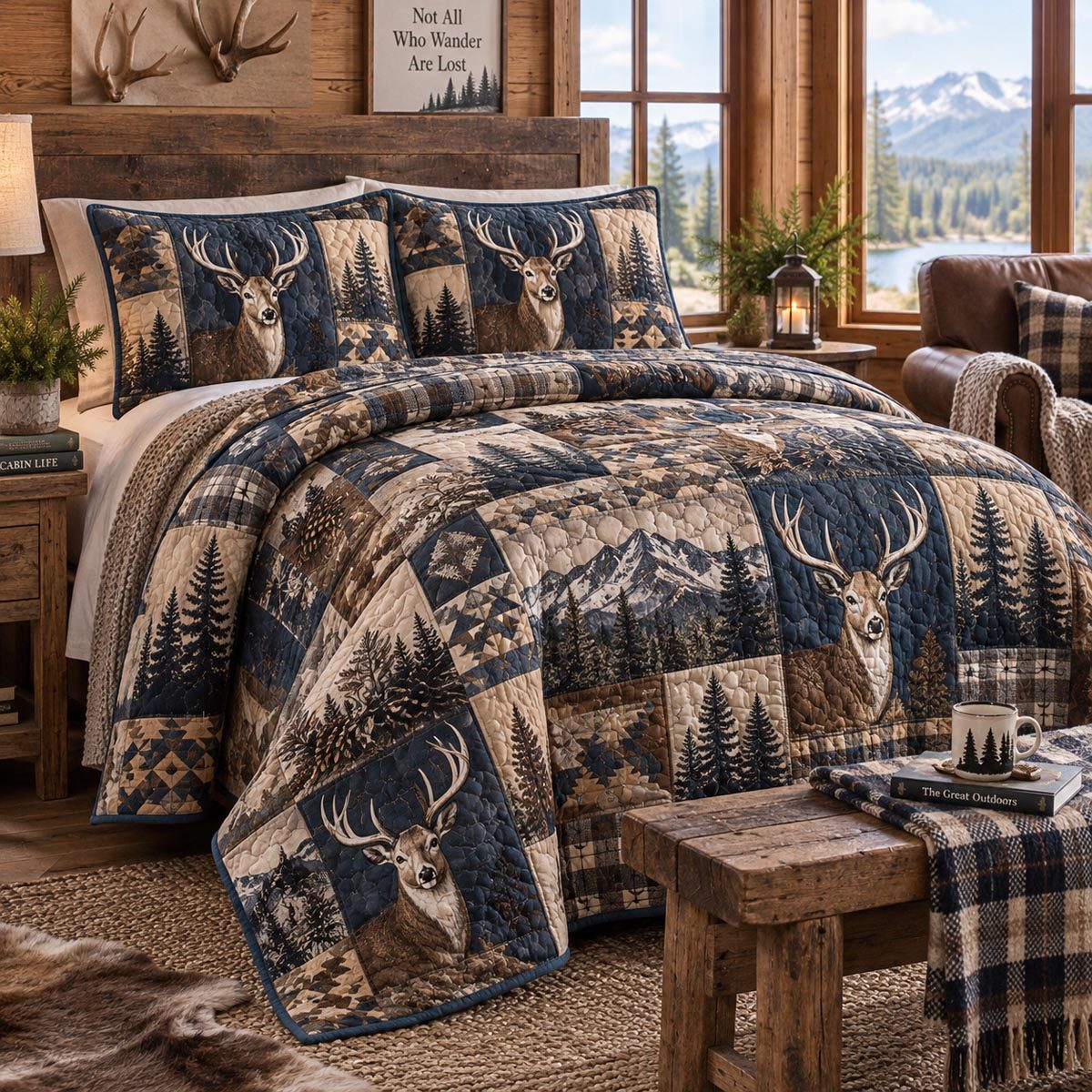 Navy Mountain Stag quilted 3-piece bedding set on a made bed in a warmly lit bedroom