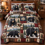 Navy Plaid Cabin Black Bear quilted 3-piece bedding set on a made bed in a warmly lit bedroom