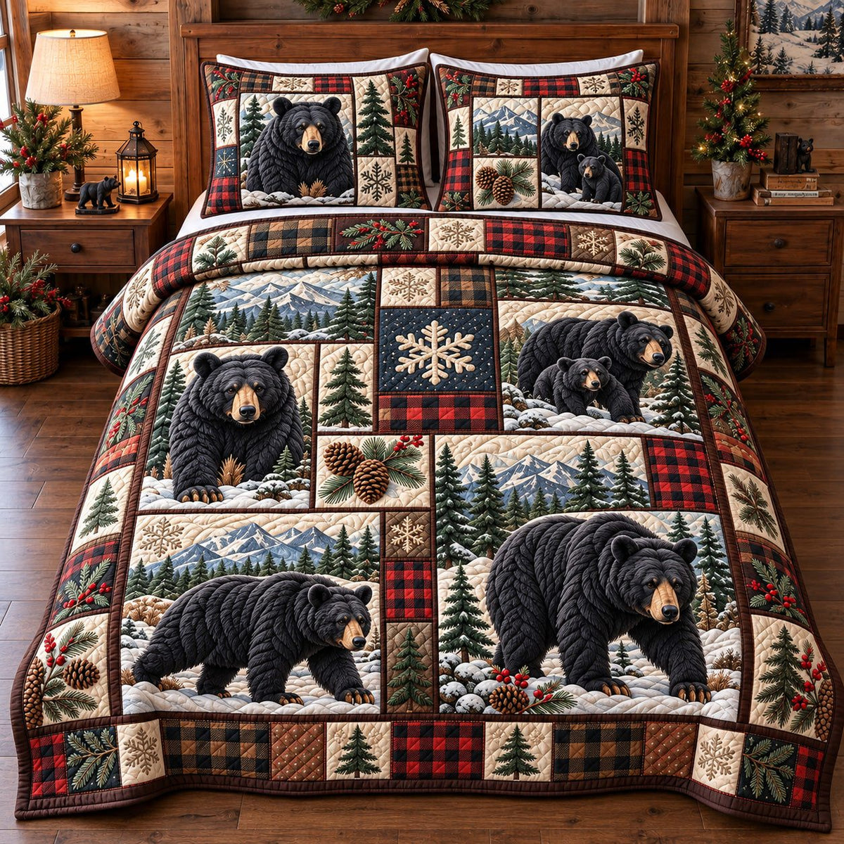 Navy Plaid Cabin Black Bear quilted 3-piece bedding set on a made bed in a warmly lit bedroom