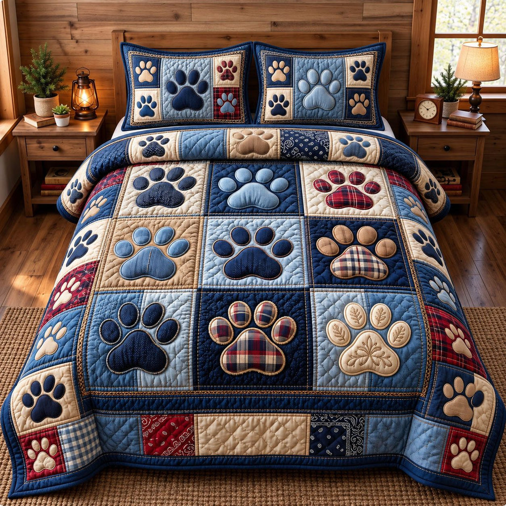 Navy Plaid Paw Print quilted 3-piece bedding set on a made bed in a warmly lit bedroom