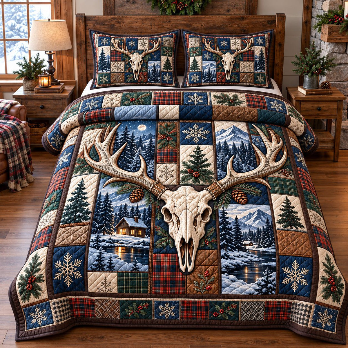 Navy Snowy Deer Skull quilted 3-piece bedding set on a made bed against a dark styled interior