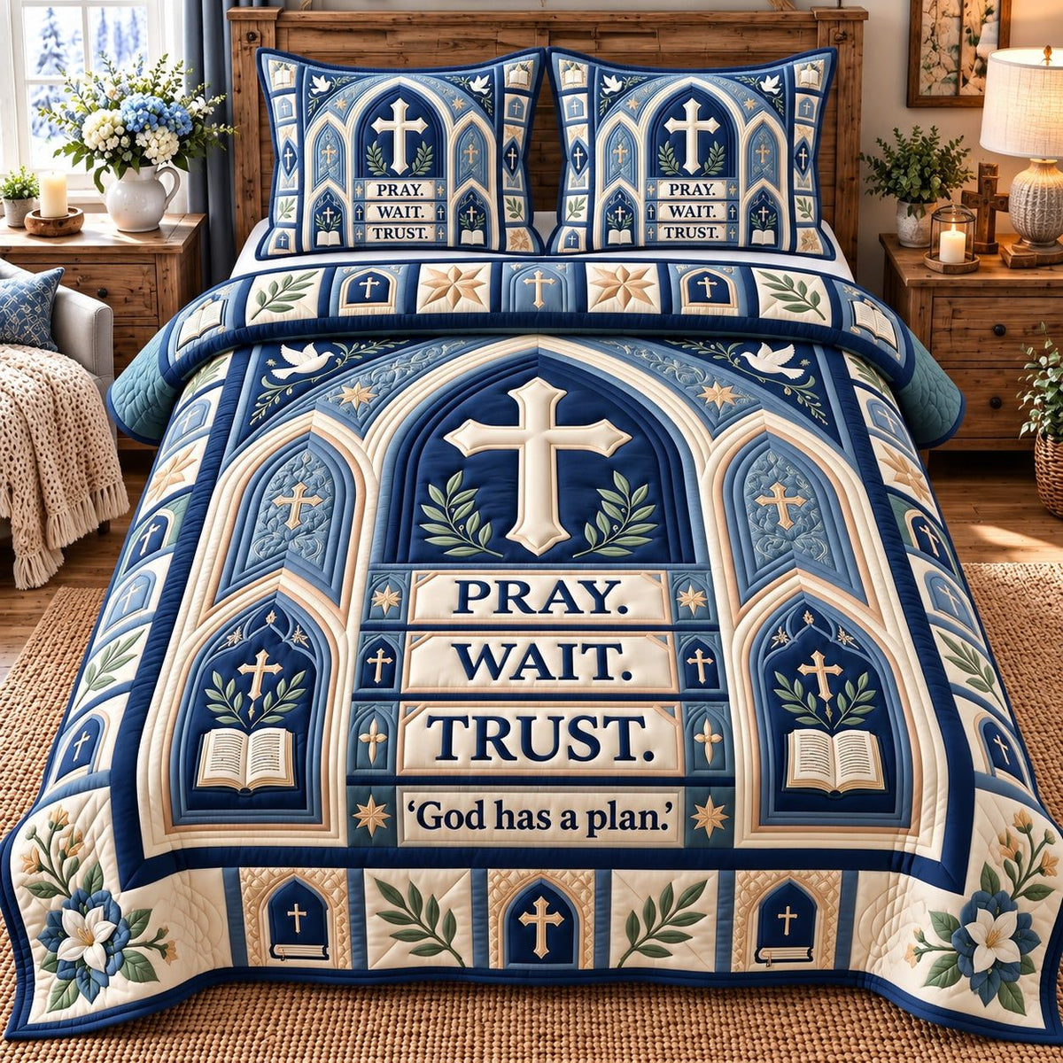 Navy Stained Glass Pray Wait Trust quilted 3-piece bedding set on a made bed in a warmly lit bedroom