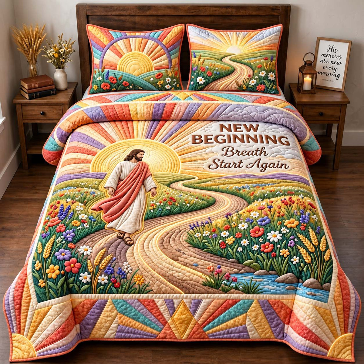 New Beginning quilted 3-piece bedding set on a made bed with two matching pillow shams