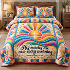 New Mercies Every Morning quilted 3-piece bedding set on a made bed with two matching pillow shams