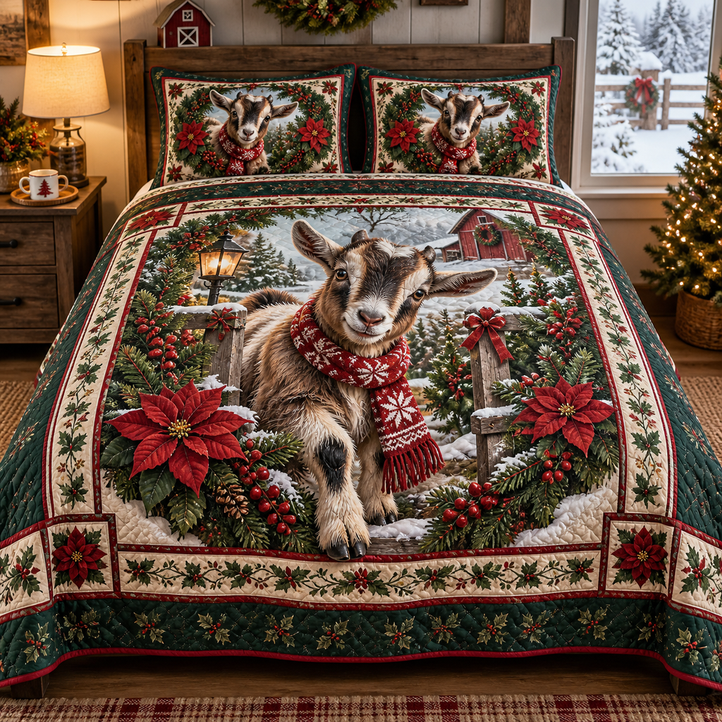 Nigerian Dwarf Goat Christmas 3-Piece Quilted Bedding Set — digital product visualization