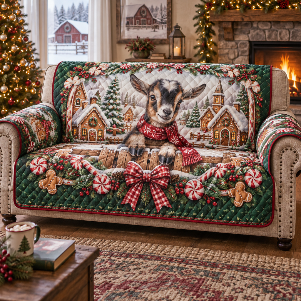 Nigerian Dwarf Goat Christmas Quilted Sofa Cover — digital product visualization