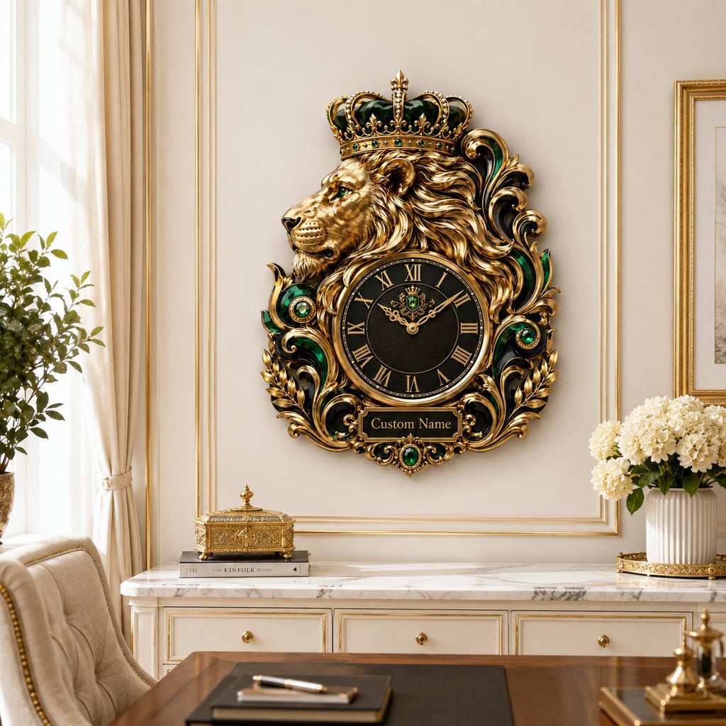 Personalized crowned lion wall clock — personalized with a custom name