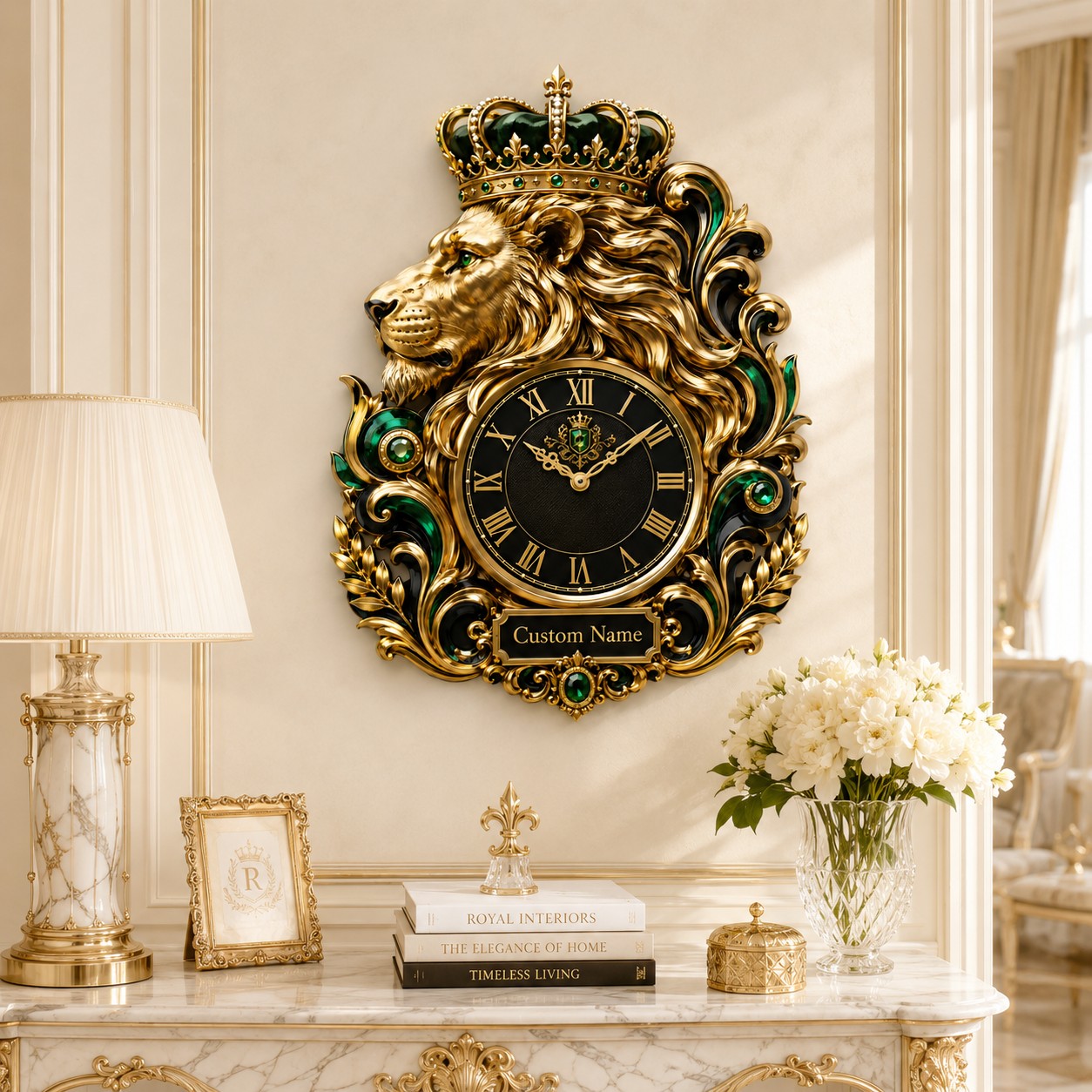 Personalized crowned lion wall clock — personalized with a custom name