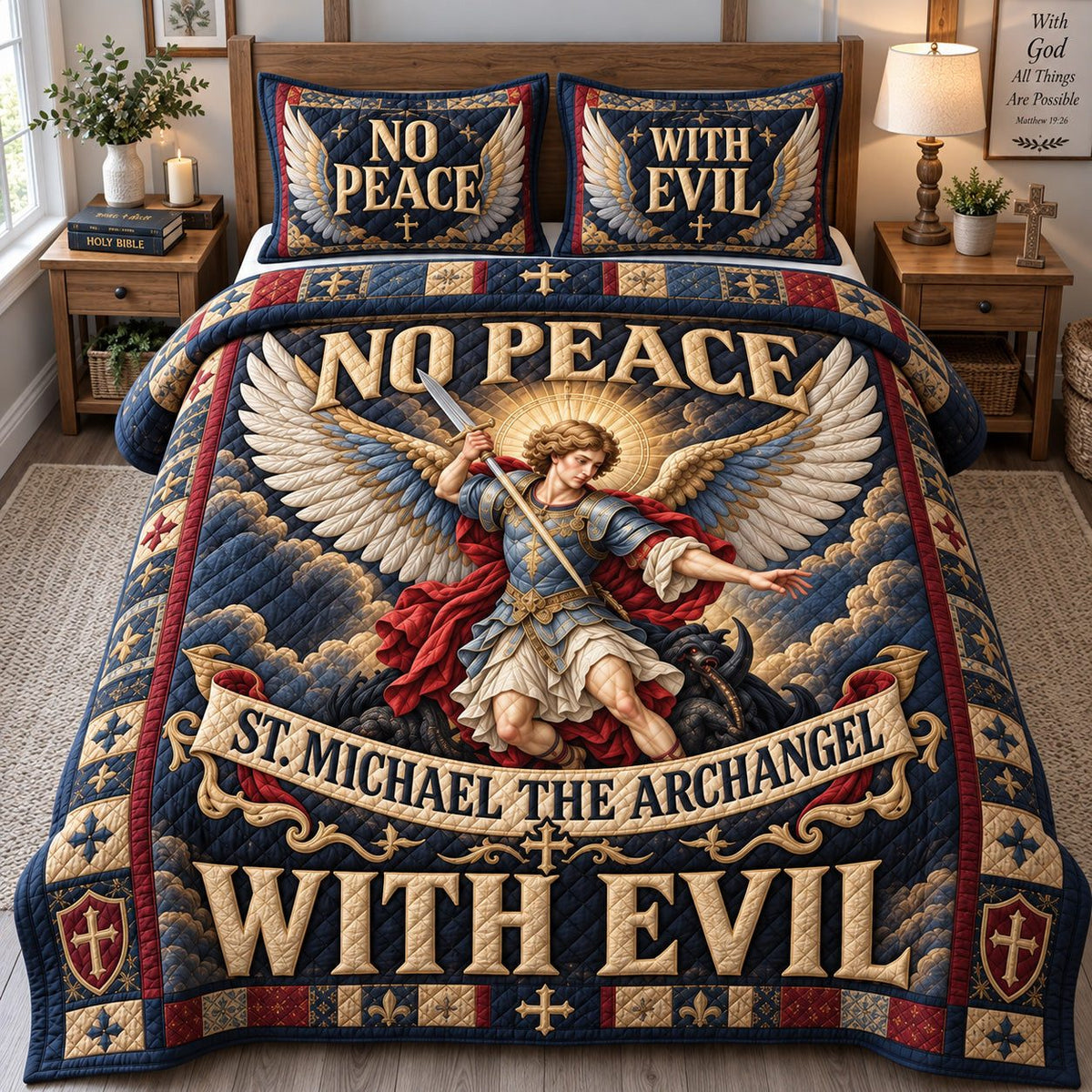 No Peace With Evil quilted 3-piece bedding set on a made bed with two matching pillow shams