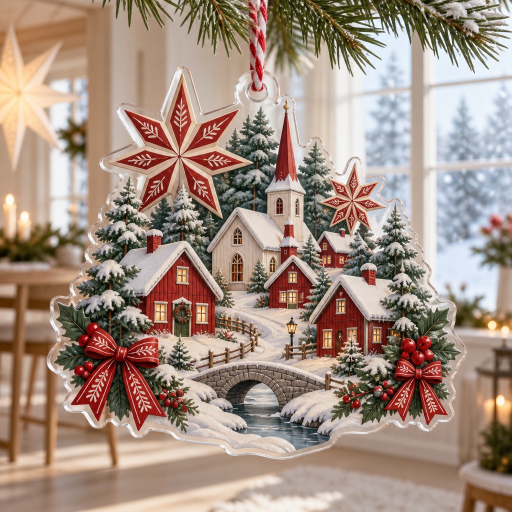 Nordic Village Acrylic Christmas Ornament — digital product visualization
