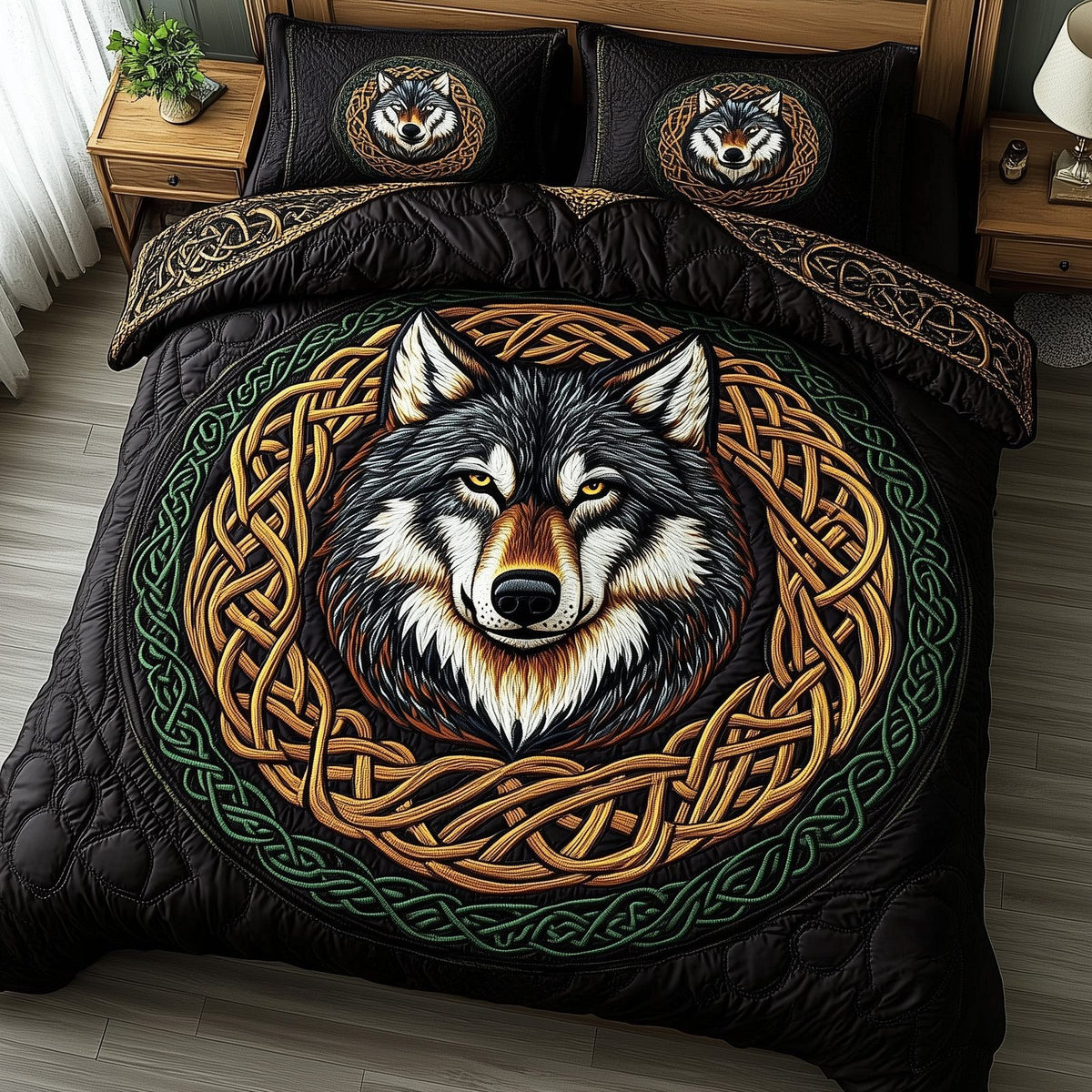 Nordic Wolf Spirit Green Knot quilted 3-piece bedding set on a made bed with two matching pillow shams