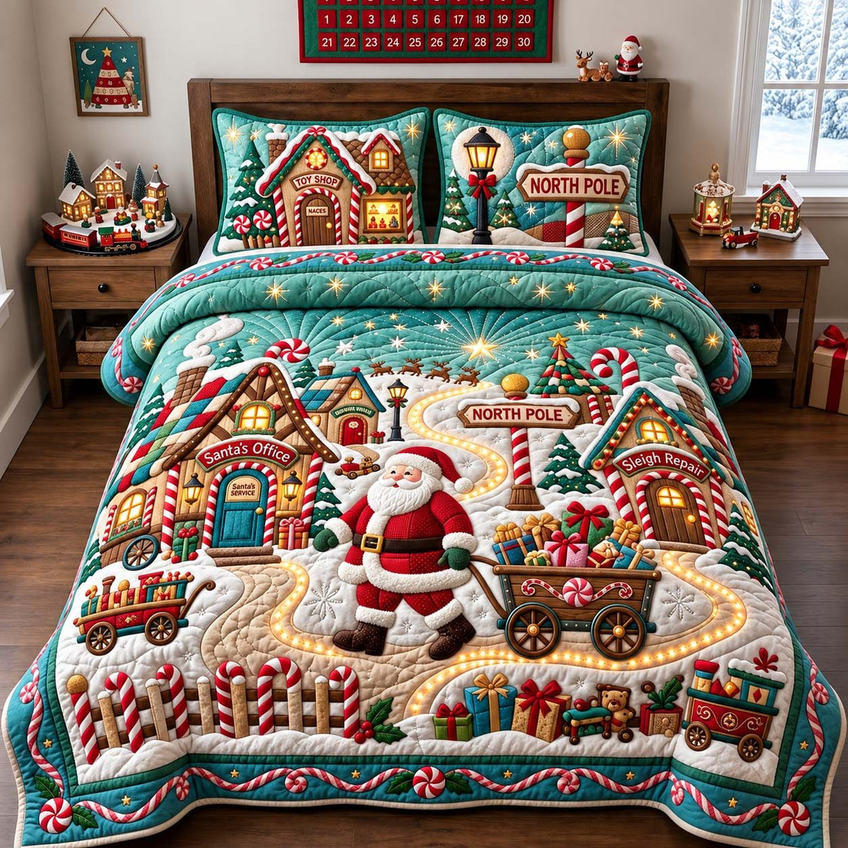 North Pole Village quilted 3-piece bedding set on a made bed with two matching pillow shams
