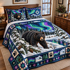 Northern Lights Black Bear quilted 3-piece bedding set on a made bed with two matching pillow shams